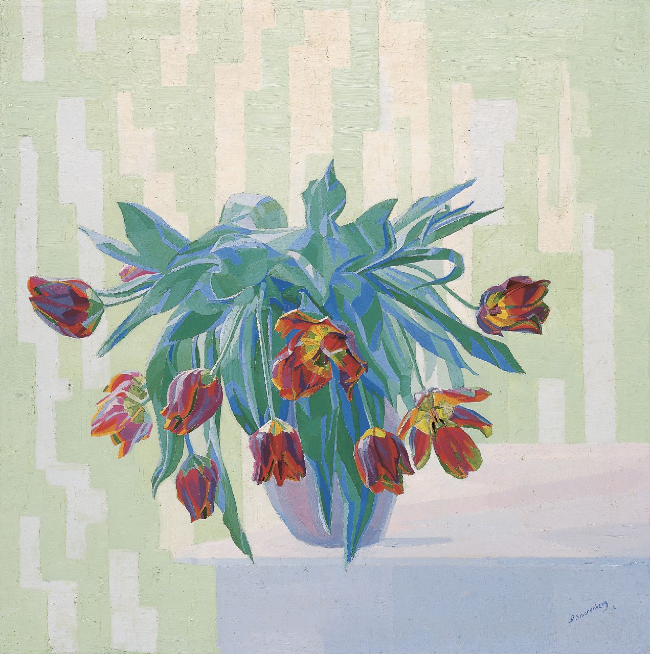 Smorenberg D.  | Dirk Smorenberg, Stilleven met tulpen in een vaas, olieverf op doek 66,8 x 66,5 cm, gesigneerd rechtsonder en gedateerd '16