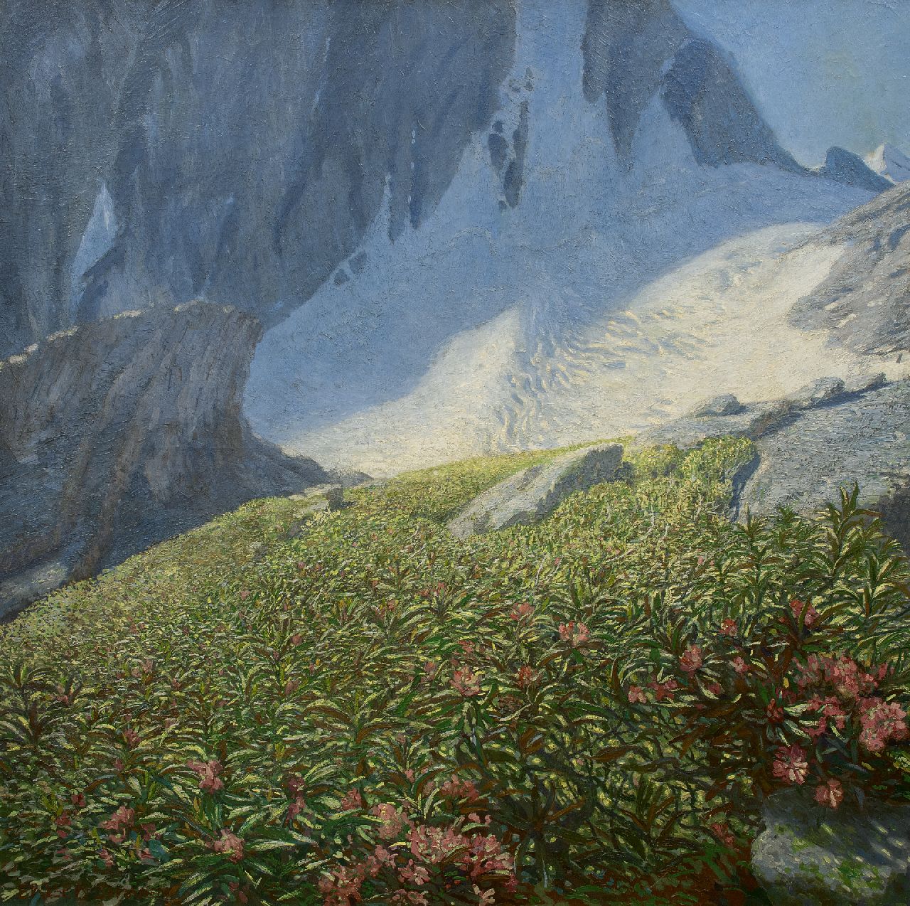 Erler-Samaden E.  | Erich Erler-Samaden | Schilderijen te koop aangeboden | Bloemenveld bij een gletsjer, olieverf op doek 120,0 x 120,0 cm, gesigneerd linksonder