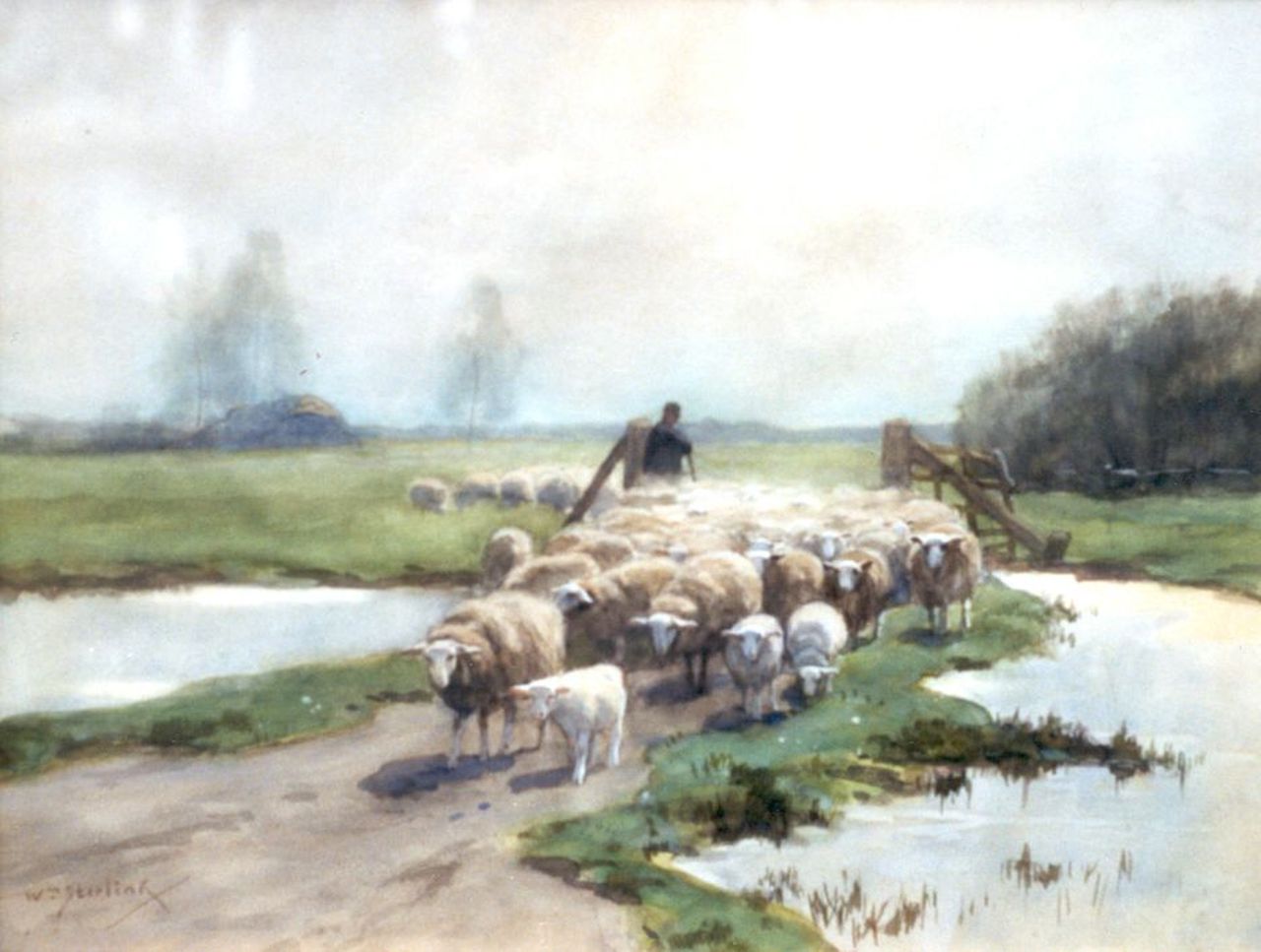 Steelink jr. W.  | Willem Steelink jr., Herder met zijn kudde, aquarel op papier 30,9 x 40,8 cm, gesigneerd linksonder