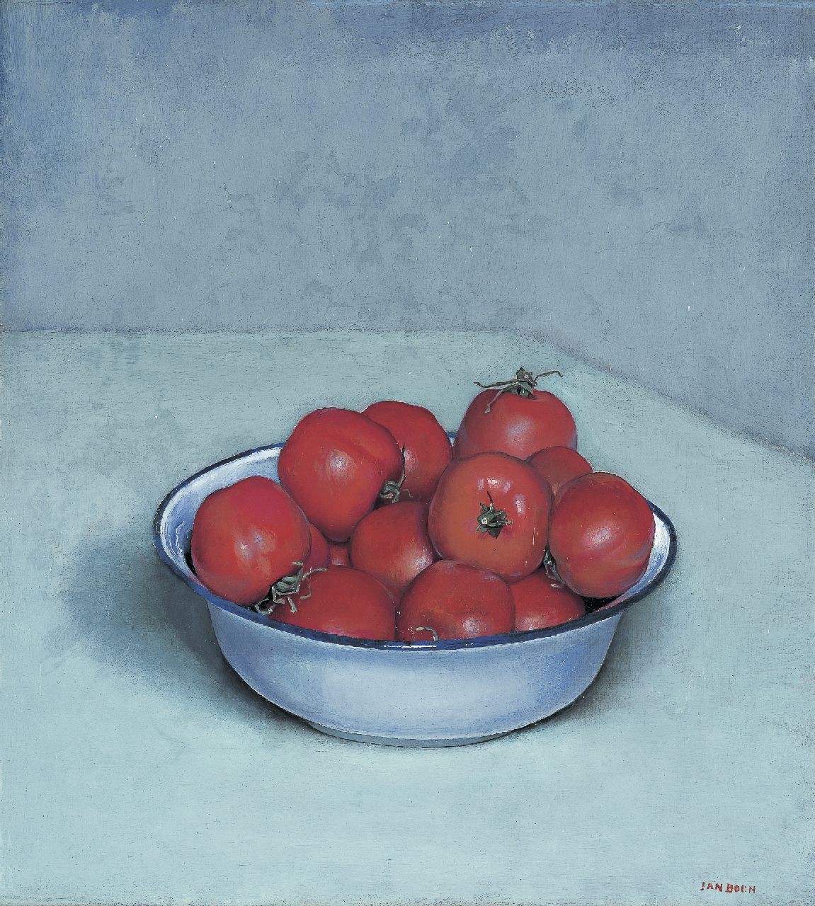 Boon J.  | Jan Boon, Stilleven met tomaten in een emaille schaal, olieverf op doek 41,1 x 37,3 cm, gesigneerd rechtsonder
