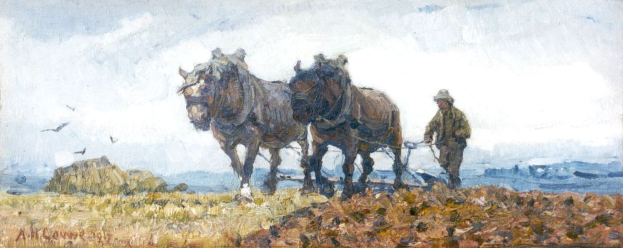 Gouwe A.H.  | Adriaan Herman Gouwe, Ploegende boer, olieverf op doek 13,6 x 33,3 cm, gedateerd 1917