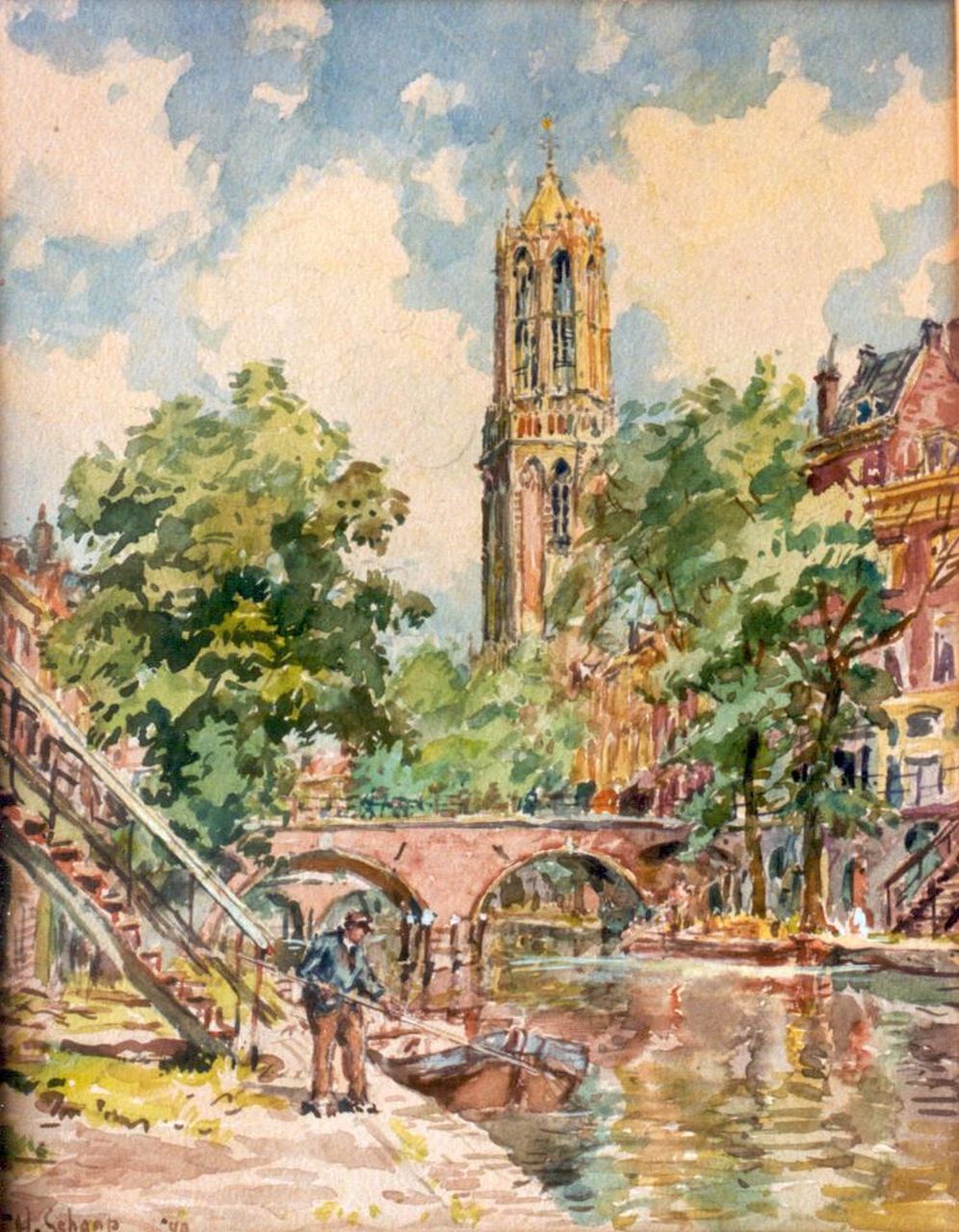Schaap H.  | Hendrik Schaap, Gezicht op de Oude Gracht met de Dom in Utrecht, aquarel op papier 31,0 x 24,0 cm, gesigneerd linksonder en gedateerd '49