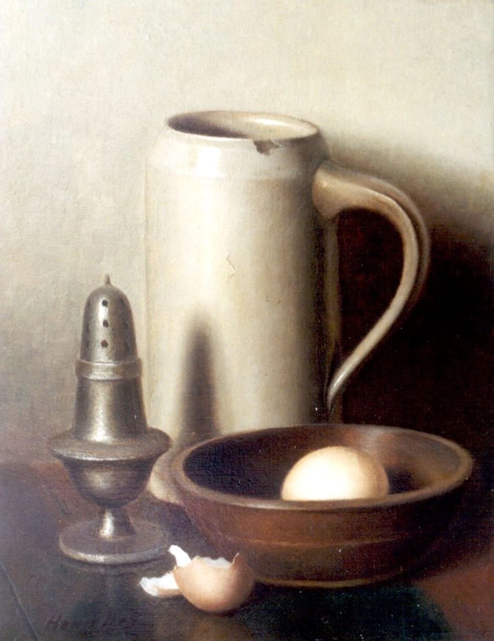 Bos H.  | Hendrik 'Henk' Bos, Stilleven met een stenen kroes, ei en nap, olieverf op doek 30,5 x 24,3 cm, gesigneerd linksonder