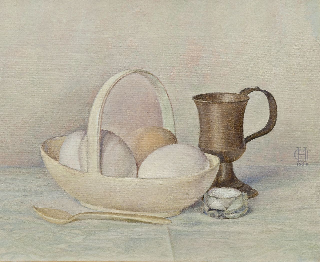 Hettinga Tromp T.G.M. van | Tjitske Geertruida Maria van Hettinga Tromp, Eieren in een Wedgwood bakje, olieverf op doek 24,8 x 30,4 cm, gesigneerd rechts van het midden met monogram en gedateerd 1929