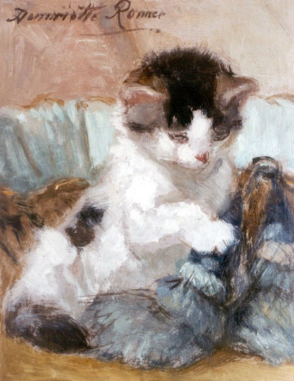 Ronner-Knip H.  | Henriette Ronner-Knip, Spelend katje, olieverf op papier op paneel 20,2 x 15,9 cm, gesigneerd linksboven