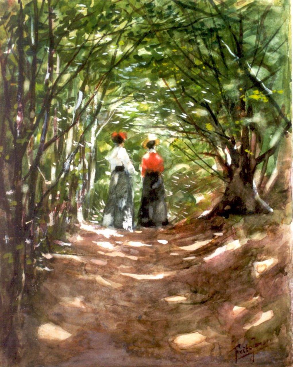 Jansen F.J.  | Frederik Johannes 'Frits' Jansen, Elegante dames op een bospad, aquarel en gouache op papier 29,0 x 22,8 cm, gesigneerd rechtsonder