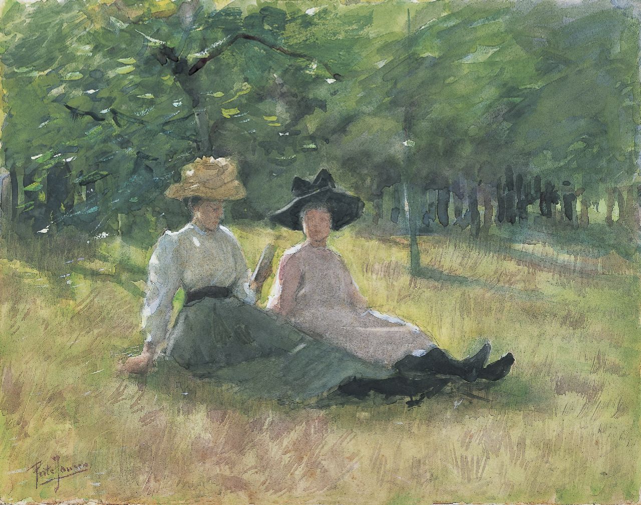 Jansen F.J.  | Frederik Johannes 'Frits' Jansen, Zomermiddag in het bos, aquarel op papier 22,9 x 29,1 cm, gesigneerd linksonder