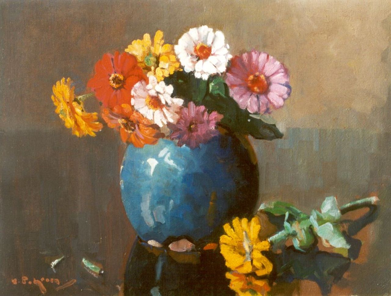 Groen H.P.  | Hendrik Pieter 'Piet' Groen, Zinnia's, olieverf op doek 35,5 x 45,5 cm, gesigneerd linksonder