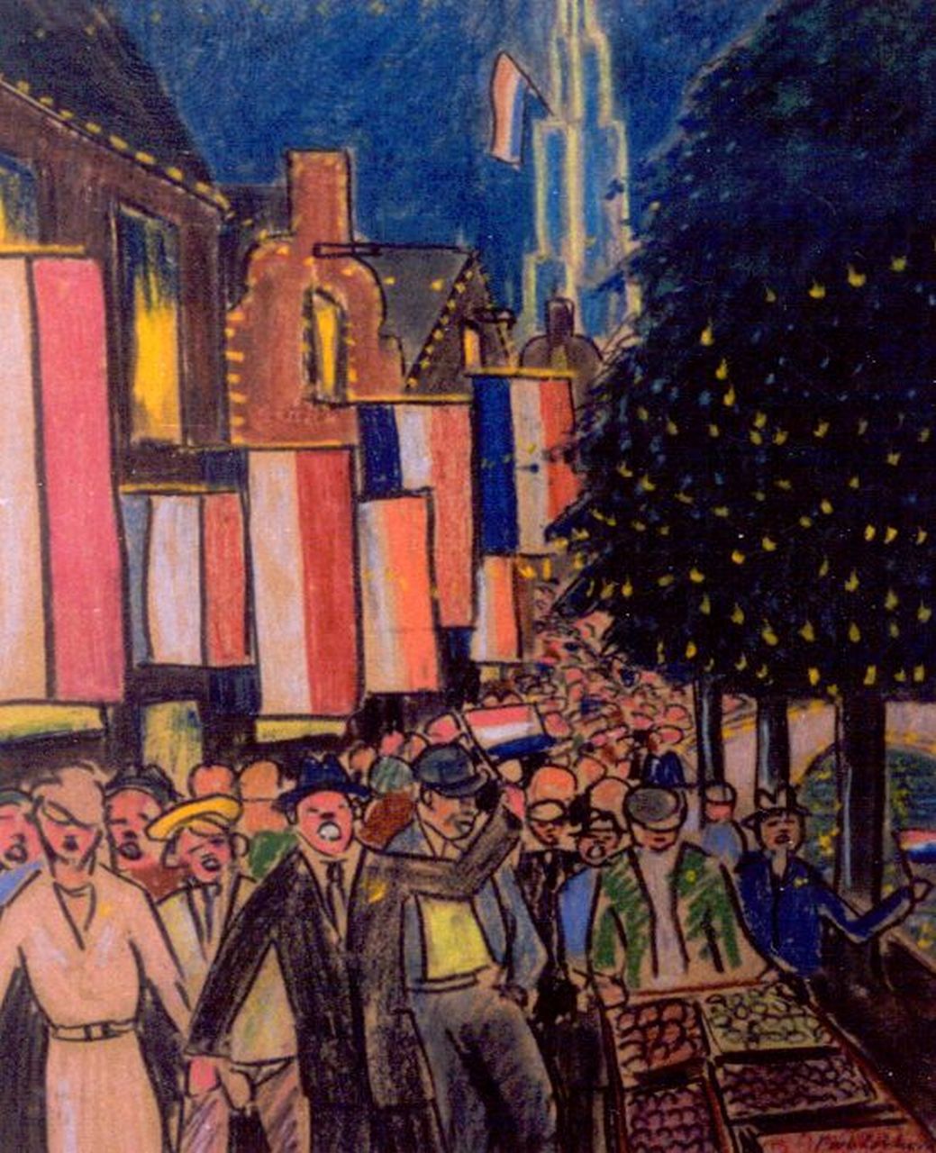 Lokhorst W.F.  | Willem Frederik 'Bob' Lokhorst, Kroningsfeesten Amsterdam 1948, gekleurd krijt op papier 31,0 x 24,8 cm, gesigneerd rechtsonder en gedateerd 1948