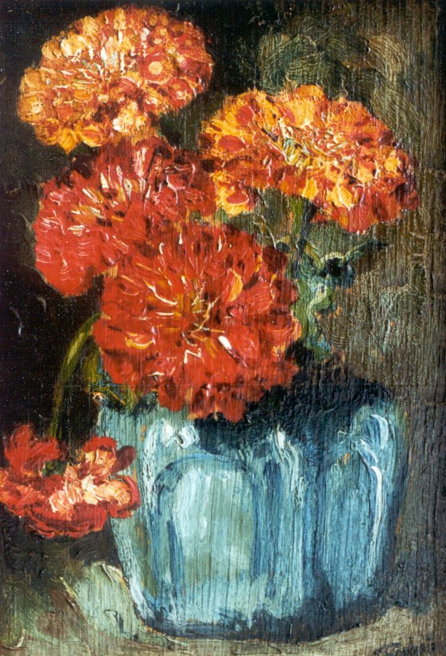 Goedvriend Th.F.  | Theodoor Franciscus 'Theo' Goedvriend, Stilleven van bloemen in een gemberpotje, olieverf op paneel 23,8 x 16,0 cm, gesigneerd rechtsonder