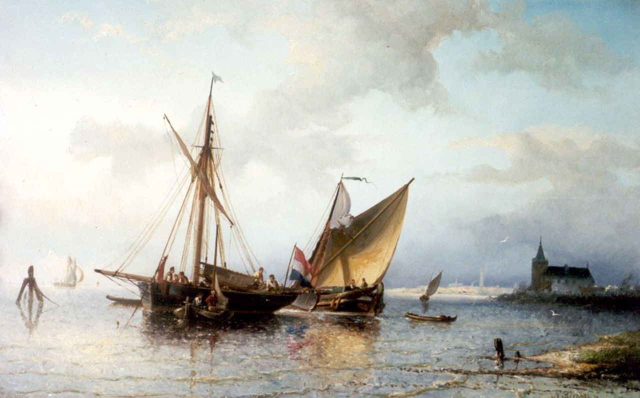 Riegen N.  | Nicolaas Riegen, Twee schepen voor de kust op kalm water, olieverf op paneel 28,0 x 43,7 cm, gesigneerd rechtsboven