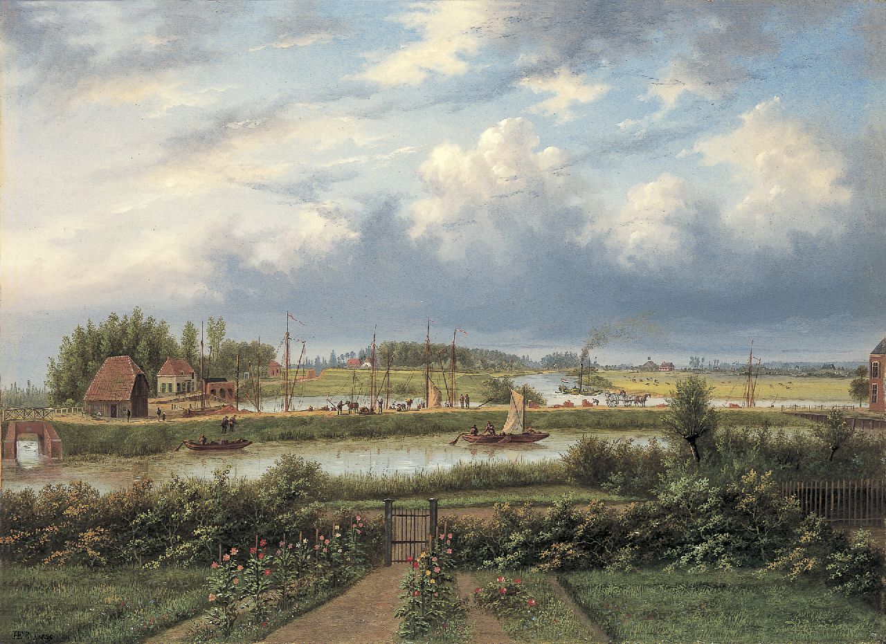 Hermanus Everhardus Rademaker | De haven van Doesburg bij de samenloop van de Oude IJssel en de IJssel, olieverf op paneel, 40,0 x 54,7 cm, gesigneerd l.o. met monogram en gedateerd 1855
