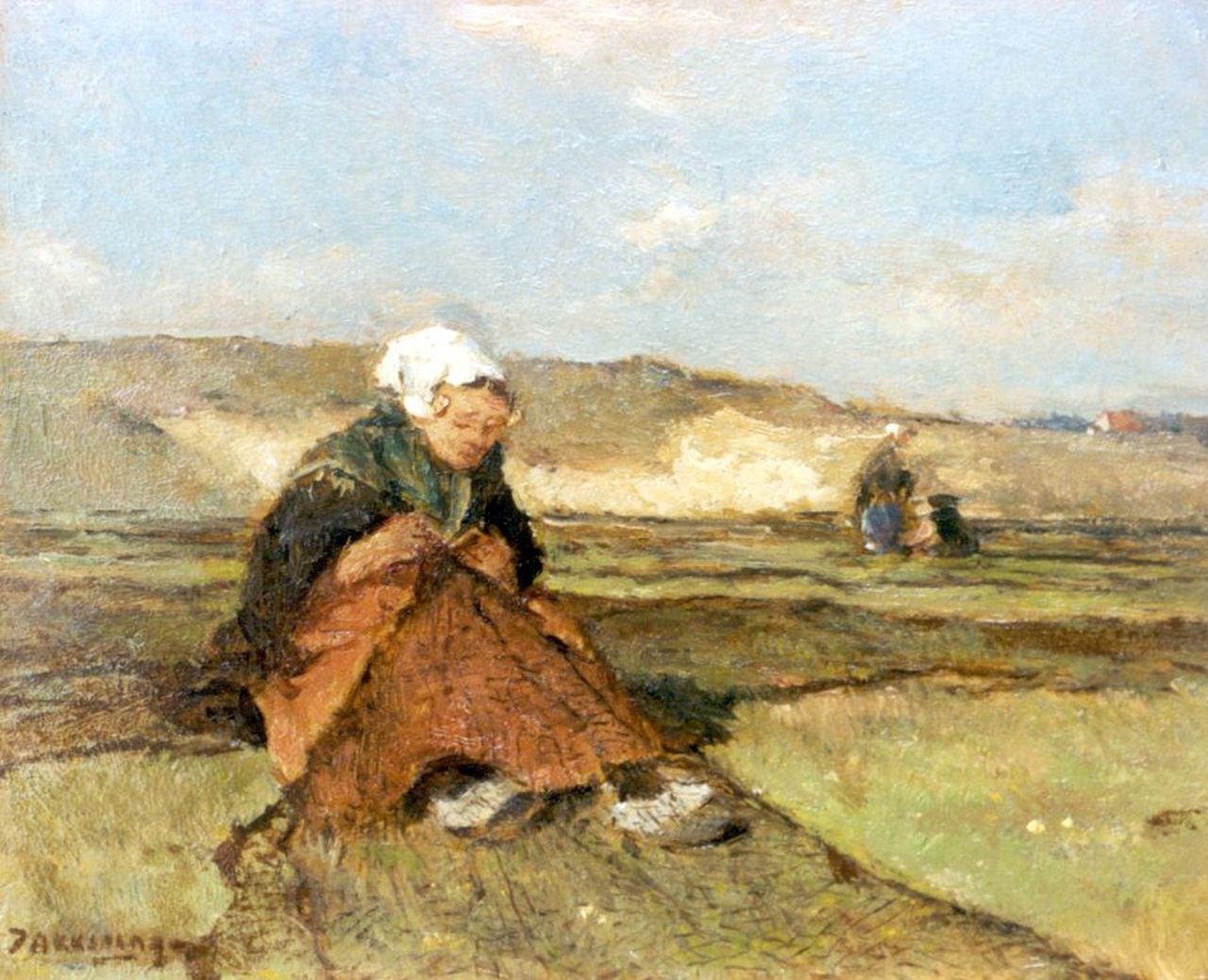 Akkeringa J.E.H.  | 'Johannes Evert' Hendrik Akkeringa, Nettenboetsters in de duinen, olieverf op paneel 14,5 x 17,1 cm, gesigneerd linksonder