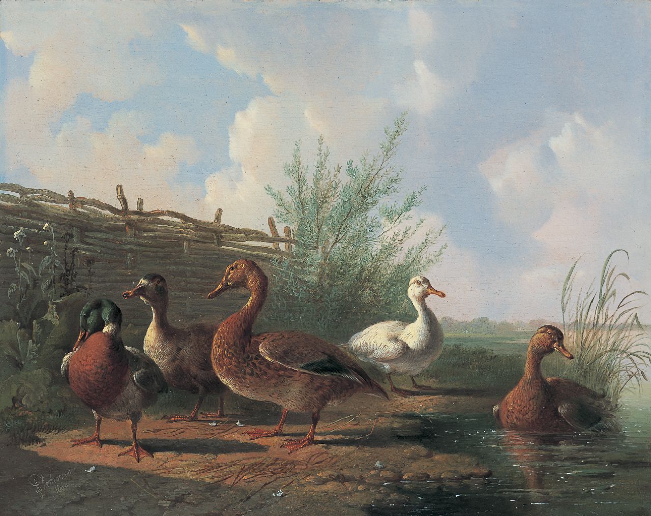 Verhoesen A.  | Albertus Verhoesen, Eenden bij de waterkant, olieverf op paneel 27,0 x 34,1 cm, gesigneerd linksonder en gedateerd 1860