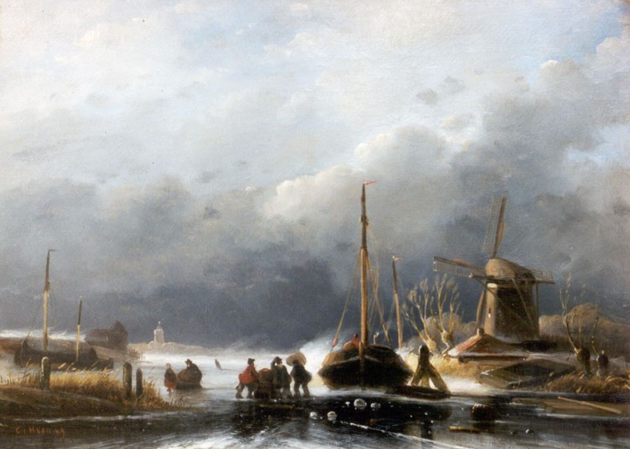 Hoen C.P. 't | Cornelis Petrus 't Hoen, Een winterlandschap met figuren bij een ingevroren schuit, olieverf op paneel 21,2 x 29,2 cm, gesigneerd linksonder en gedateerd '49