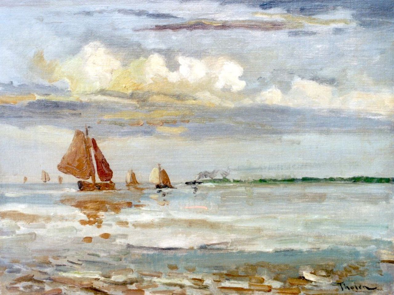 Tholen W.B.  | Willem Bastiaan Tholen, Zeilschepen voor de kust, olieverf op schildersboard 31,0 x 40,8 cm, gesigneerd rechtsonder