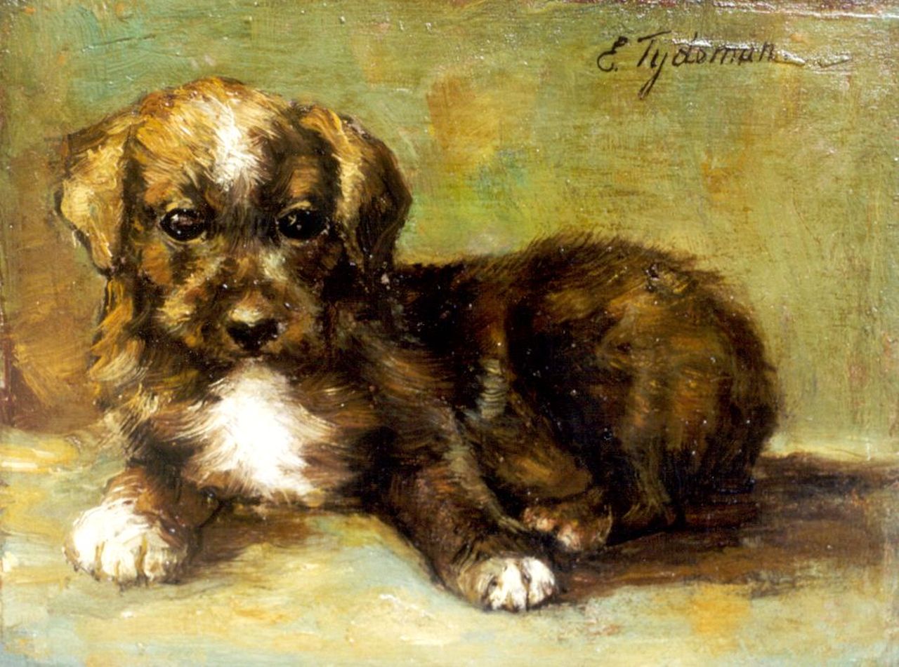Tijdeman E.M.  | Ernestine Marie 'Dé' Tijdeman, Jong hondje, olieverf op paneel 14,5 x 19,2 cm, gesigneerd rechtsboven