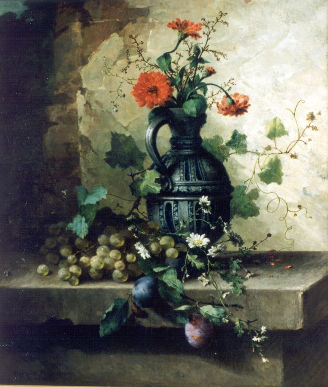 Roosenboom M.C.J.W.H.  | 'Margaretha' Cornelia Johanna Wilhelmina Henriëtta Roosenboom, Stilleven met bloemen, vruchten en stenen kruik, olieverf op doek 64,5 x 55,5 cm, gesigneerd linksonder