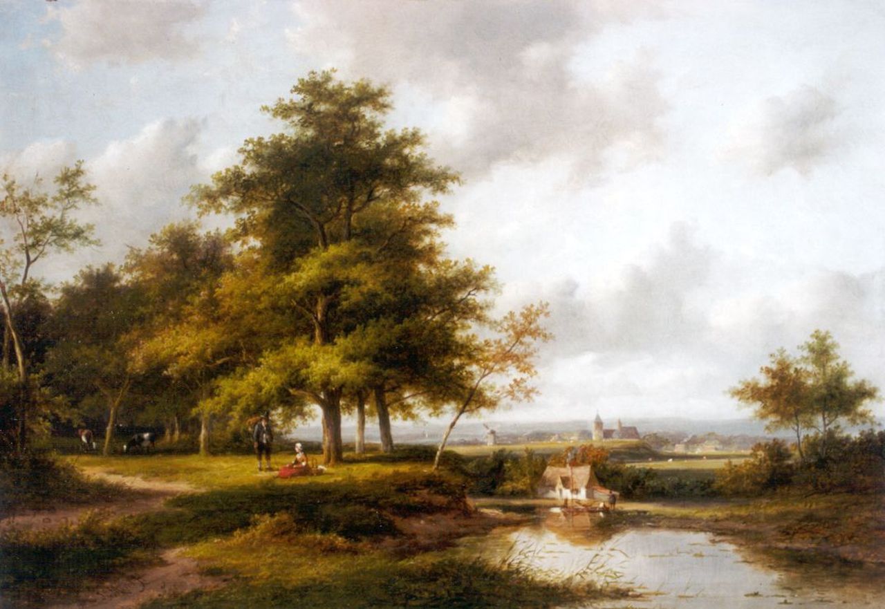 Morel II J.E.  | Jan Evert Morel II, Panoramisch landschap met rustend landvolk, olieverf op paneel 35,3 x 50,9 cm, gesigneerd linksonder