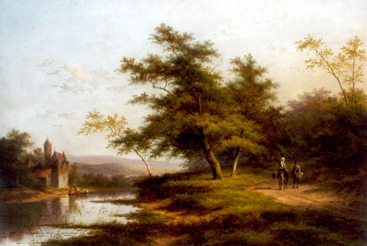 Morel II J.E.  | Jan Evert Morel II, Landvolk op een pad langs de rivier, olieverf op paneel 35,2 x 51,0 cm, gesigneerd rechtsonder