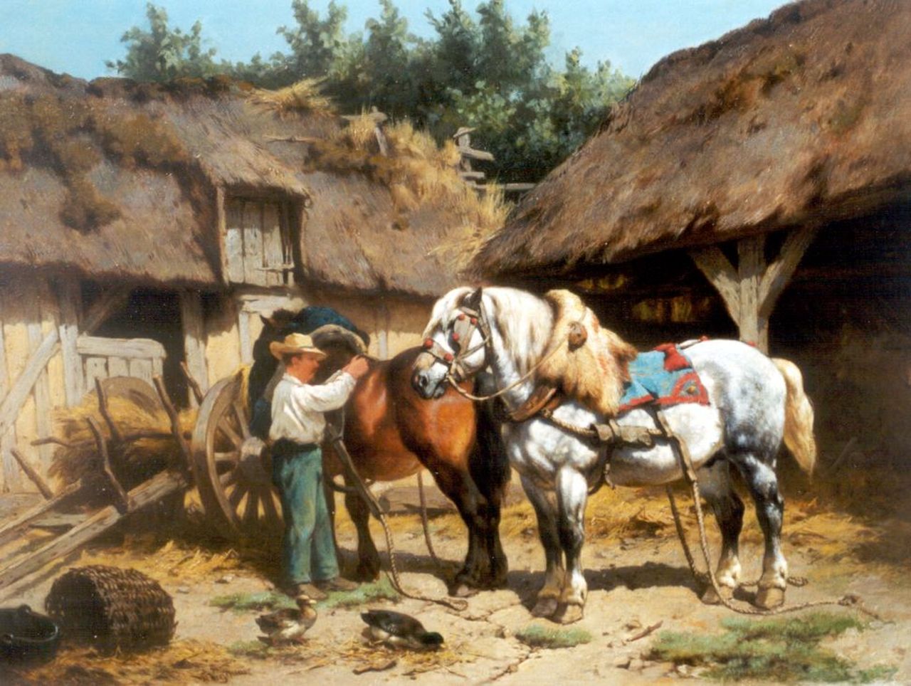 Verschuur jr. W.  | Wouter Verschuur jr., Het inspannen van de paarden, olieverf op paneel 39,1 x 50,6 cm, gesigneerd linksonder