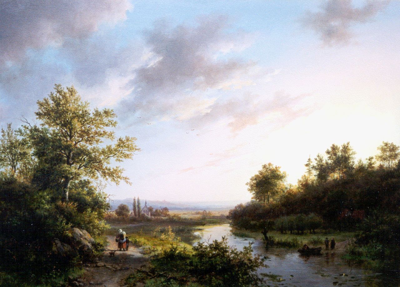 Klombeck J.B.  | Johann Bernard Klombeck, Boomrijke riviervallei bij Kleef, olieverf op paneel 36,5 x 49,7 cm, gesigneerd linksonder met monogram en gedateerd 1842