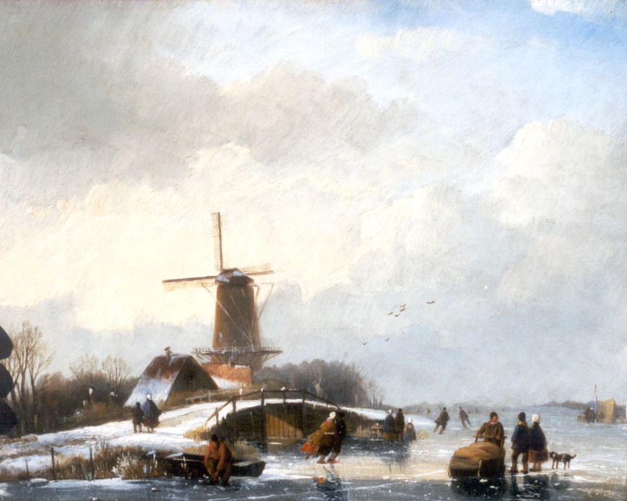 Spohler J.J.  | Jan Jacob Spohler, Winterlandschap met schaatsers bij een molen, olieverf op paneel 20,1 x 25,0 cm, gesigneerd linksonder en te dateren 1830-1840