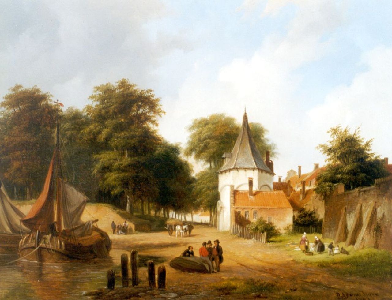 Hove B.J. van | Bartholomeus Johannes 'Bart' van Hove, Afgemeerde vrachtschepen buiten de stadsmuur, olieverf op paneel 25,7 x 32,3 cm, gesigneerd rechtsonder en gedateerd 1840