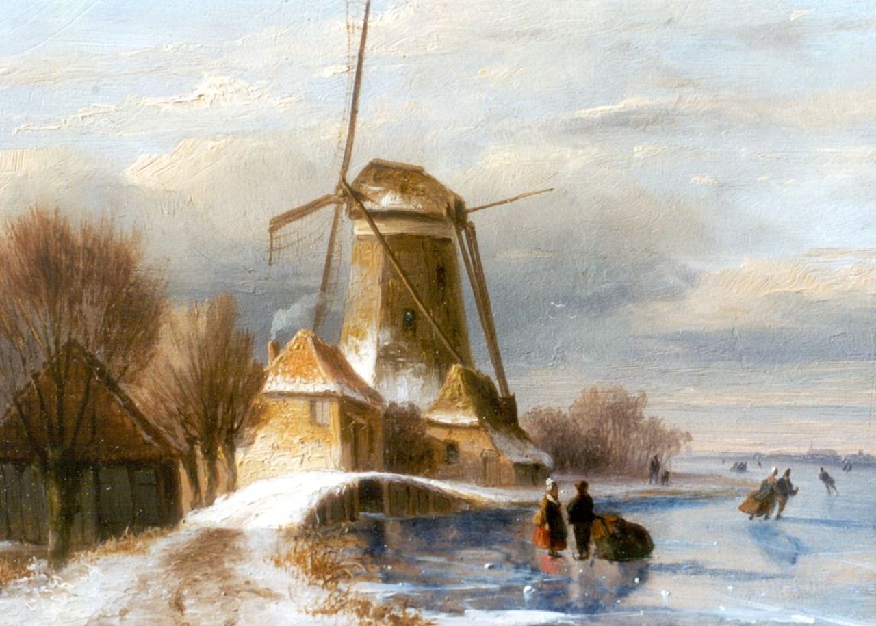 Roosenboom N.J.  | Nicolaas Johannes Roosenboom, Schaatsers bij een molen, olieverf op paneel 14,5 x 19,2 cm, gesigneerd linksonder (vaag)