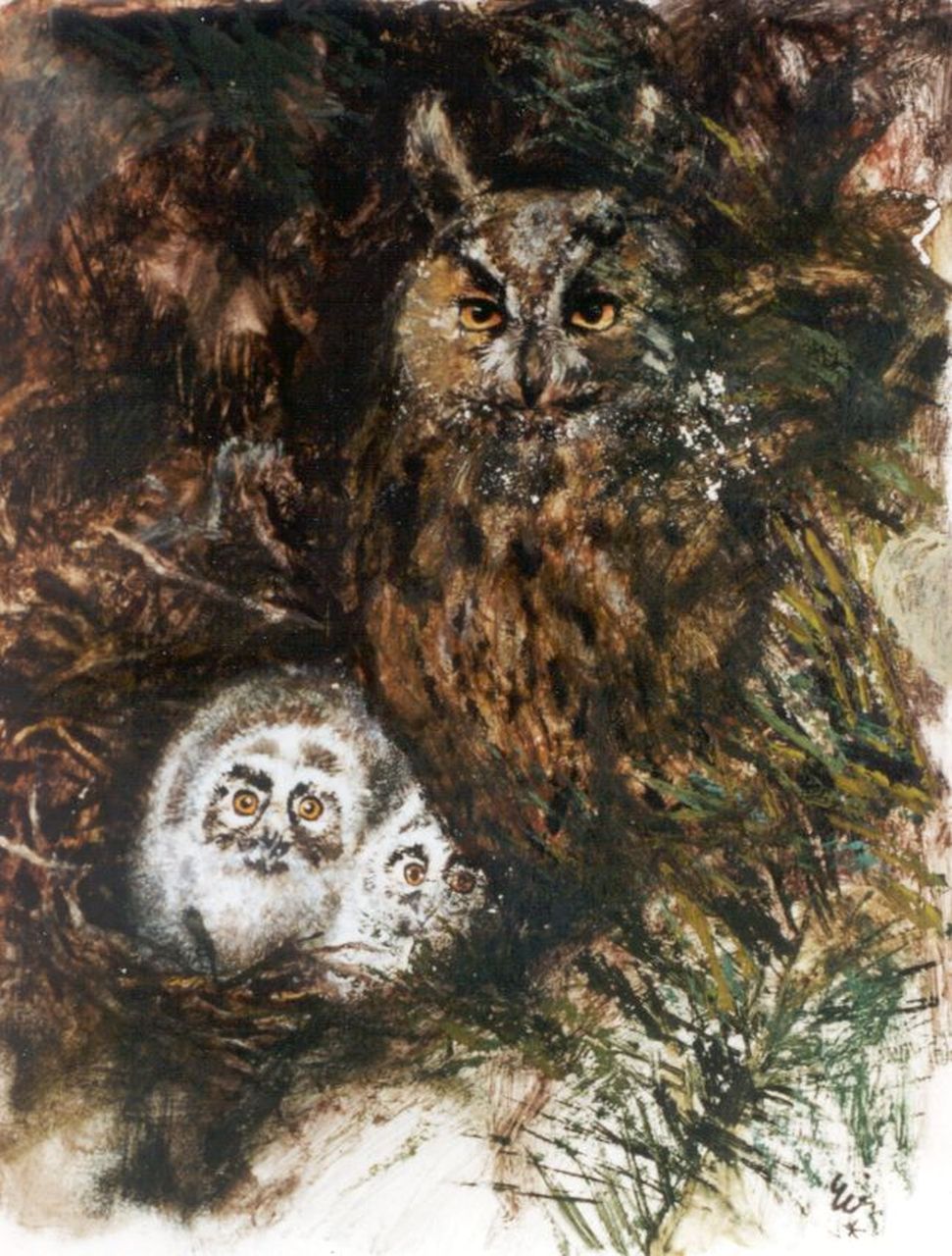 Poortvliet R.  | Rien Poortvliet, Uil met jongen, aquarel en gouache op papier 29,9 x 24,1 cm, gesigneerd rechtsonder