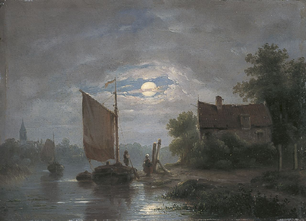 Stok J. van der | Jacobus van der Stok, Rivierlandschap bij maanlicht, olieverf op paneel 18,3 x 25,0 cm, gesigneerd linksonder