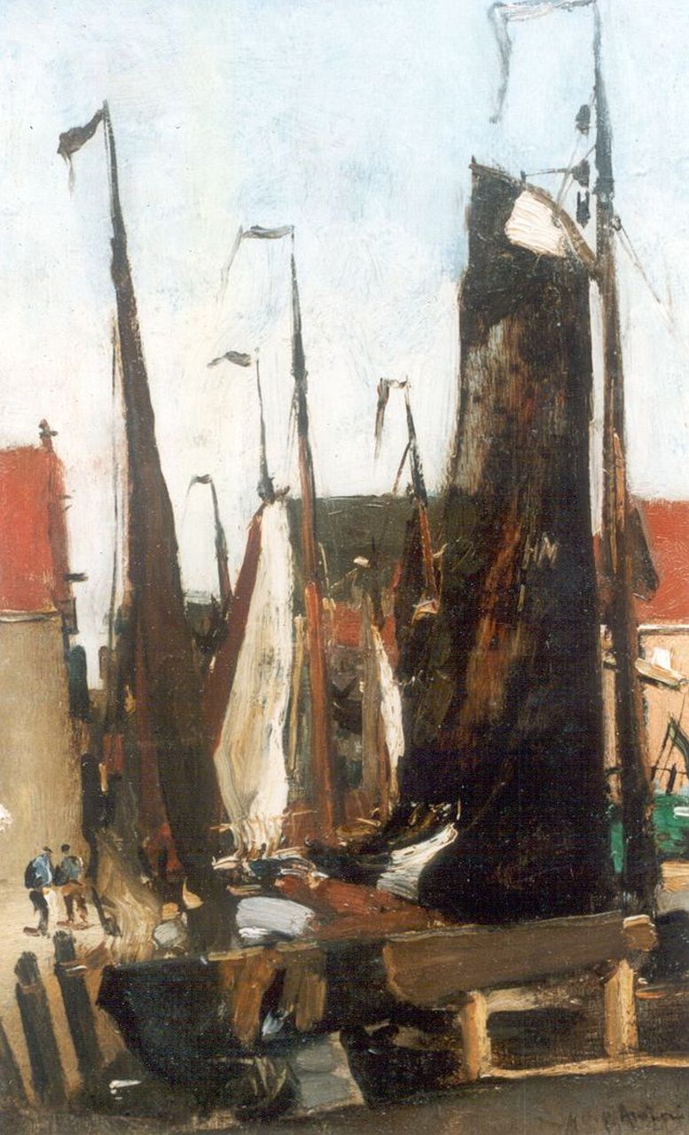 Arntzenius P.F.N.J.  | Pieter Florentius Nicolaas Jacobus 'Floris' Arntzenius, Zeilboten in een haven van Scheveningen, olieverf op paneel 34,5 x 22,0 cm, gesigneerd rechtsonder
