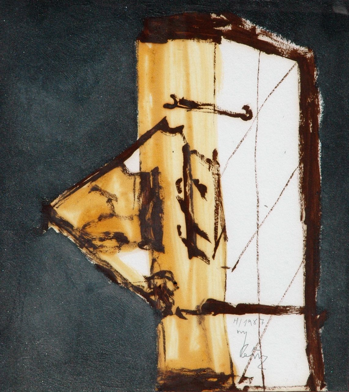 Ybáñez M.  | Miguel Ybáñez, Compositie, gouache en olie op papier 44,5 x 39,5 cm, gesigneerd rechtsonder en gedateerd 1987