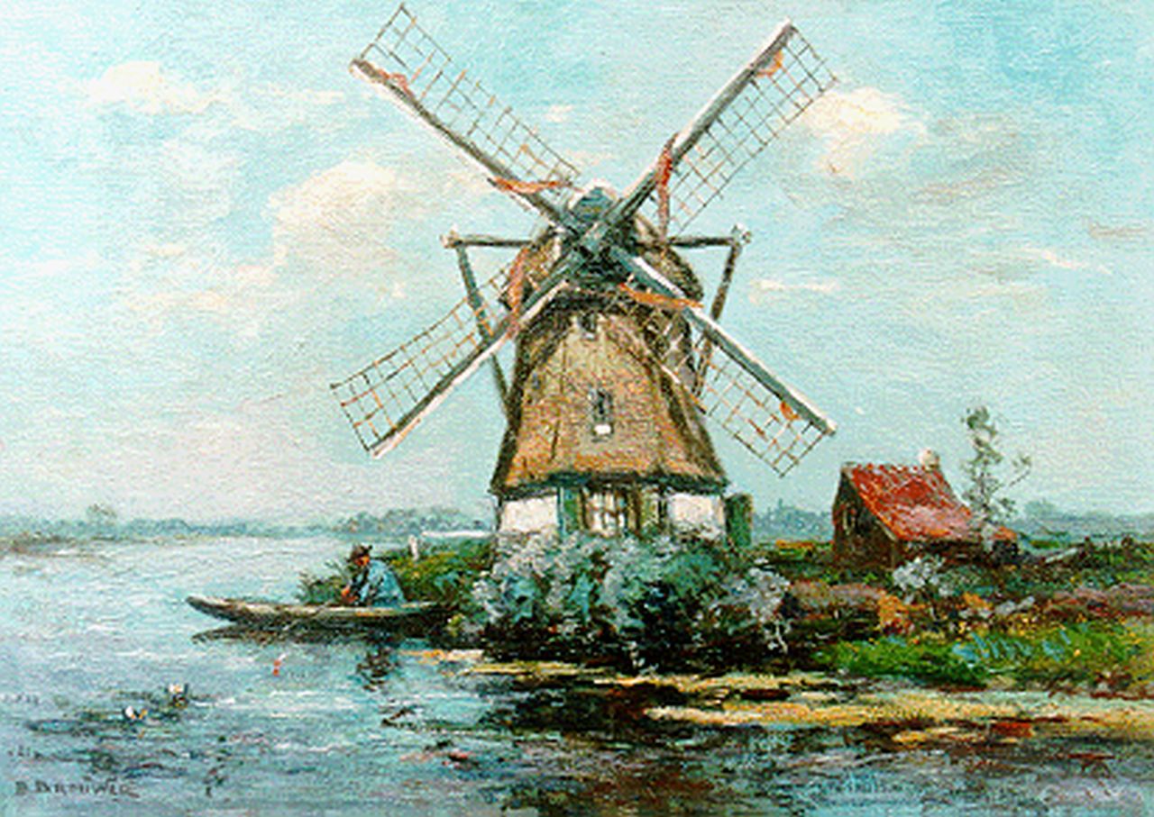 Brouwer B.J.  | Berend Jan 'Barend' Brouwer, Veenpolder Voorburg, molen aan vaart met visser, olieverf op doek 25,3 x 35,0 cm, gesigneerd linksonder en gedateerd 1925?