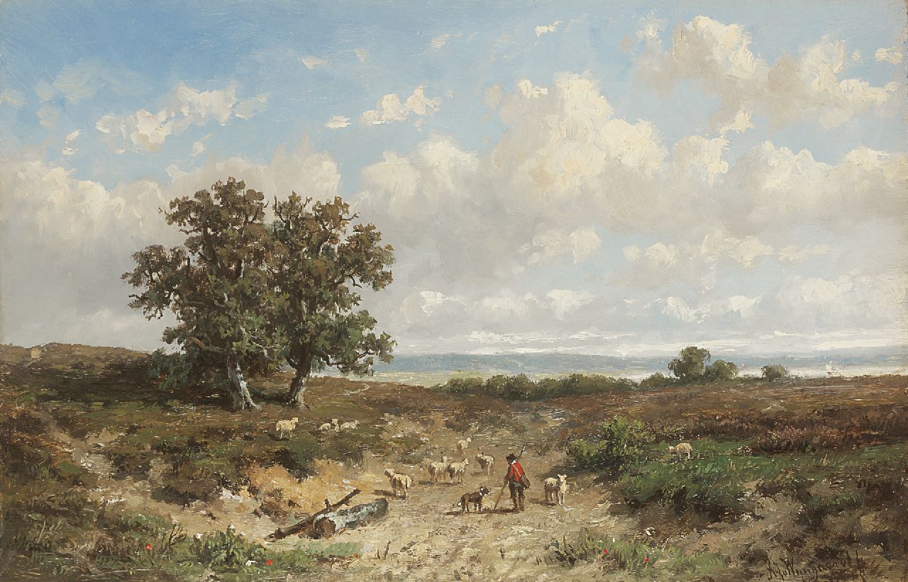 Wijngaerdt A.J. van | Anthonie Jacobus van Wijngaerdt, Heidelandschap met herder en schapen, olieverf op paneel 23,5 x 36,0 cm, gesigneerd rechtsonder