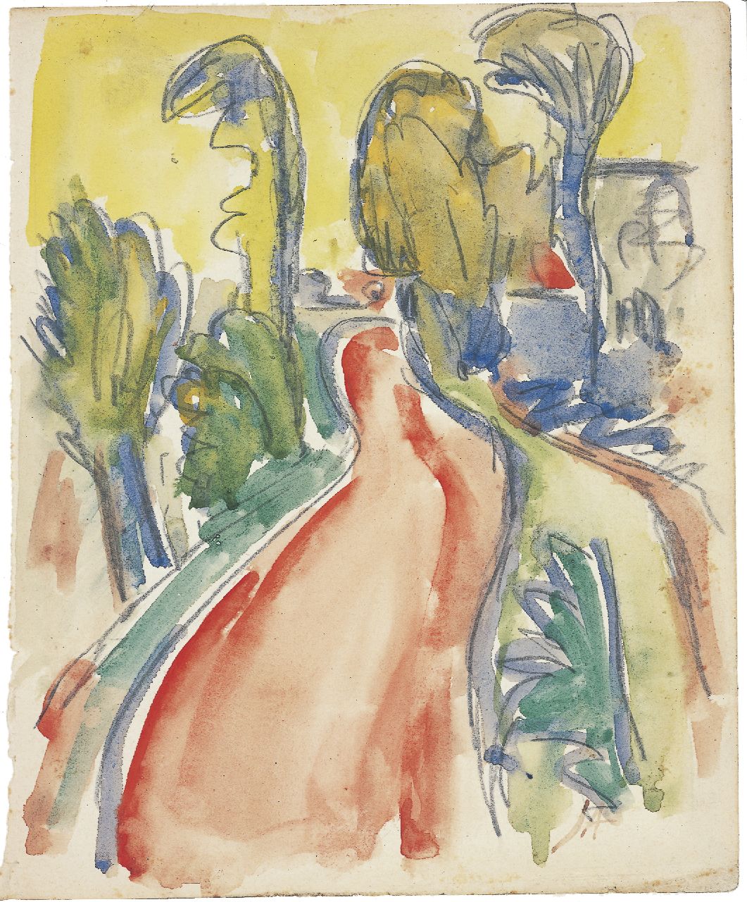 Altink J.  | Jan Altink, Rode weg tussen bomen, potlood en aquarel op papier 20,7 x 17,0 cm, gesigneerd rechtsonder met initialen en te dateren 1925-1930