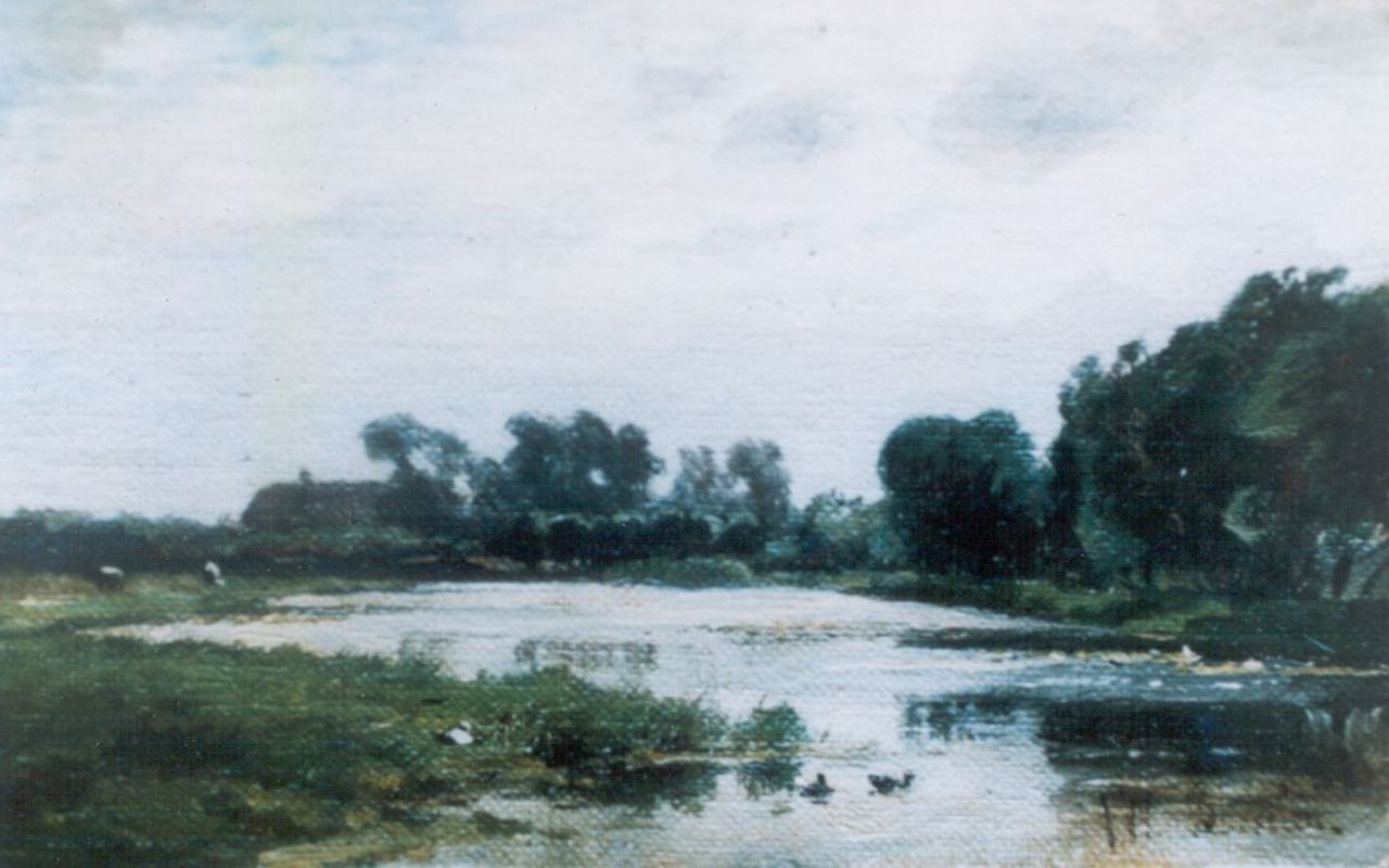 Borselen J.W. van | Jan Willem van Borselen, Plasgezicht met boerderij, olieverf op doek op paneel 12,8 x 19,4 cm, gesigneerd rechtsonder