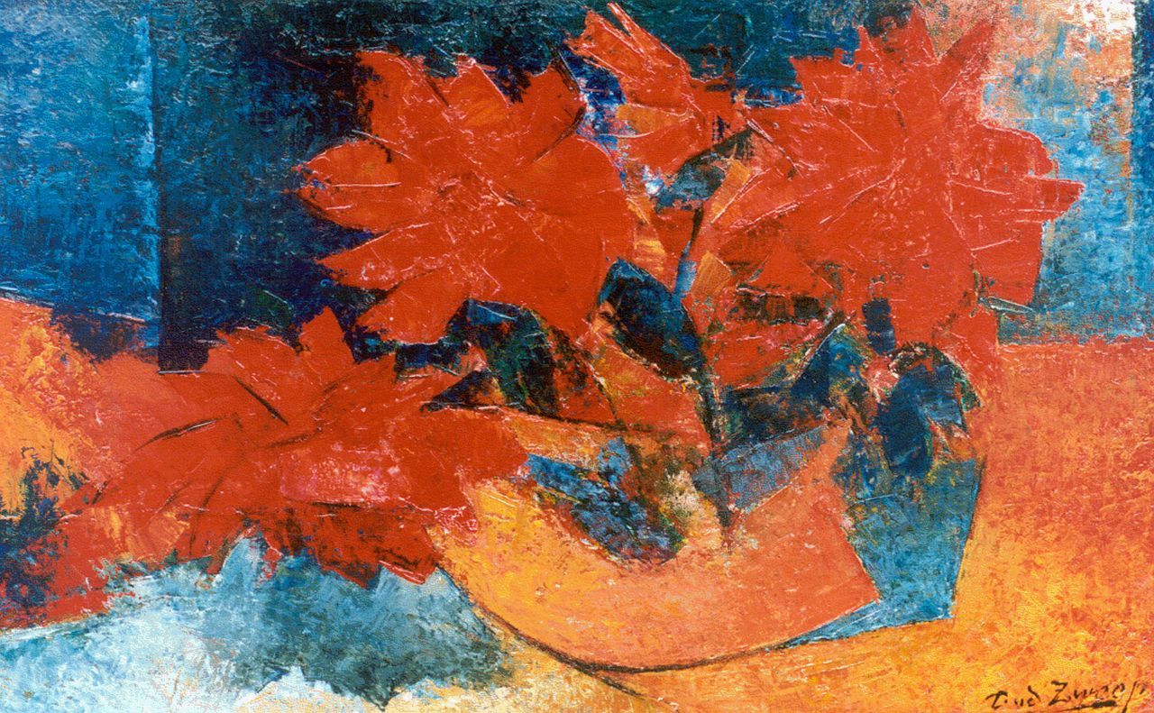 Zweep D.J. van der | 'Douwe' Jan van der Zweep, Rode bloemen in een kom, olieverf op doek 36,2 x 56,2 cm, gesigneerd rechtsonder