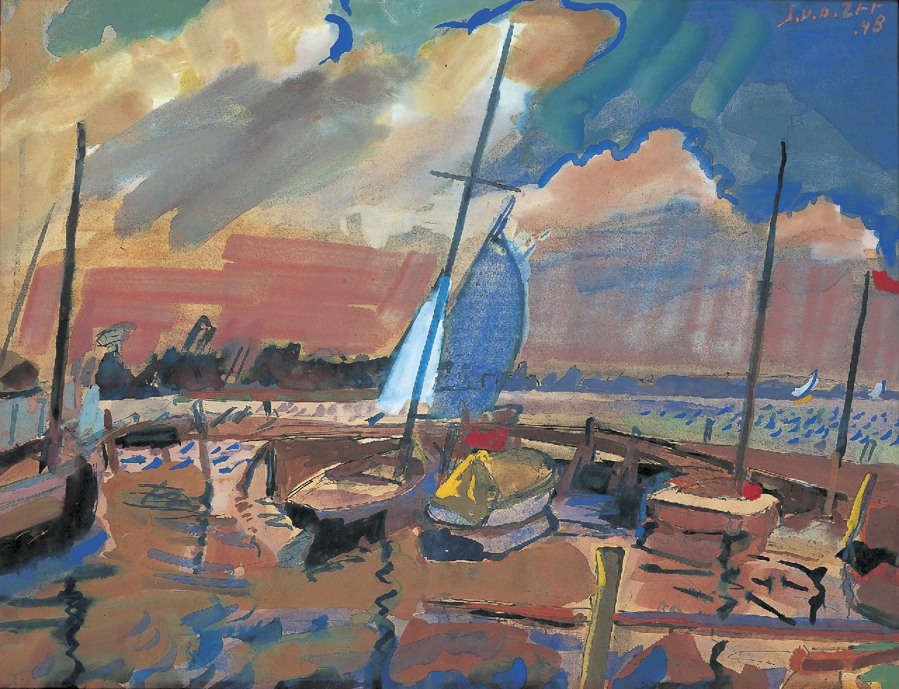 Zee J. van der | Jan van der Zee, Jachthaven Visser aan het Paterswoldsemeer, gouache op papier 51,0 x 65,0 cm, gesigneerd rechtsboven en gedateerd '48 Zee J. van der | Jan van der Zee, Jachthaven Visser aan het Paterswoldsemeer, gouache op papier 51,0 x 65,0 cm, gesigneerd rechtsboven en gedateerd '48