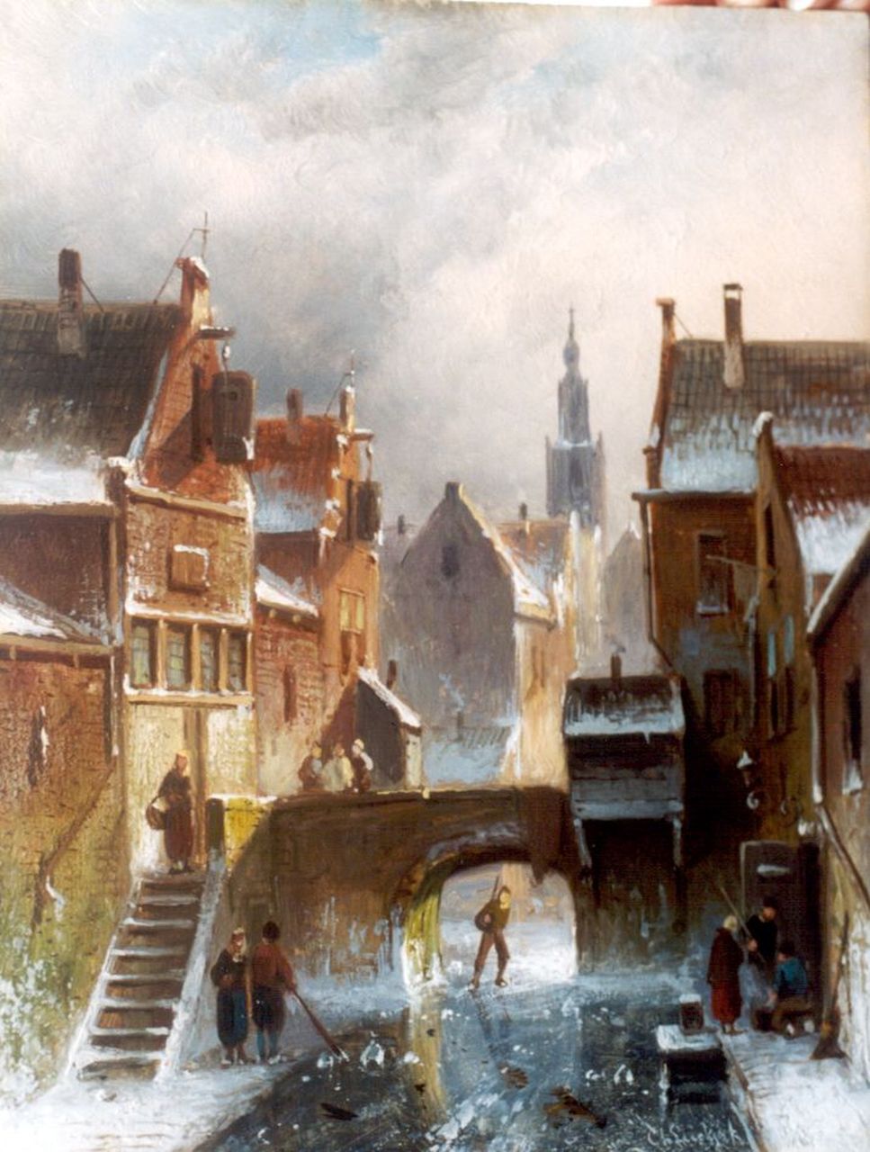 Leickert C.H.J.  | 'Charles' Henri Joseph Leickert, Bevroren stadsgracht, olieverf op paneel 24,1 x 18,6 cm, gesigneerd rechtsonder