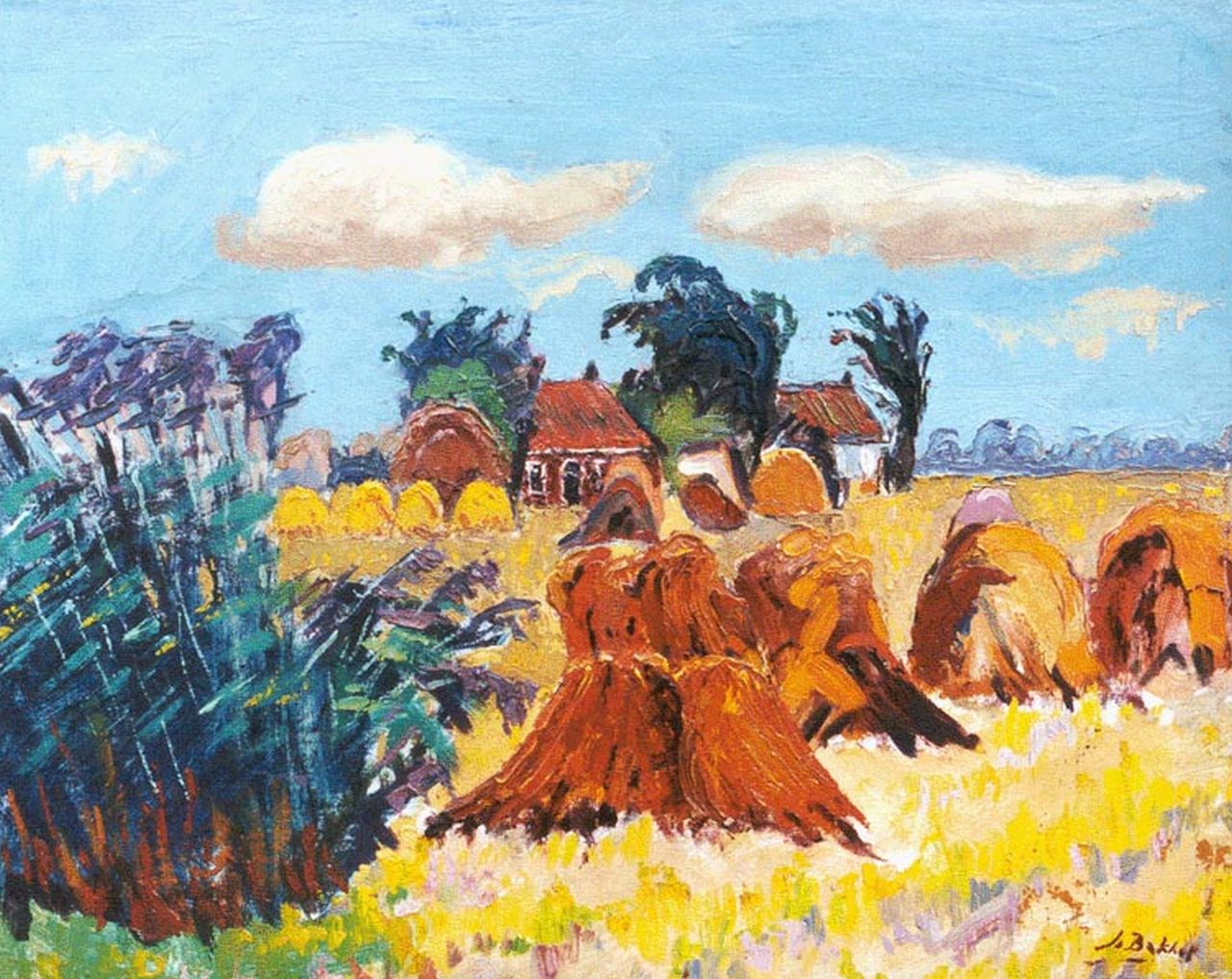 Bakker J.A.  | Jan Abraham Bakker, Boerenlandschap met korenschoven, olieverf op paneel 40,0 x 50,2 cm, gesigneerd rechtsonder