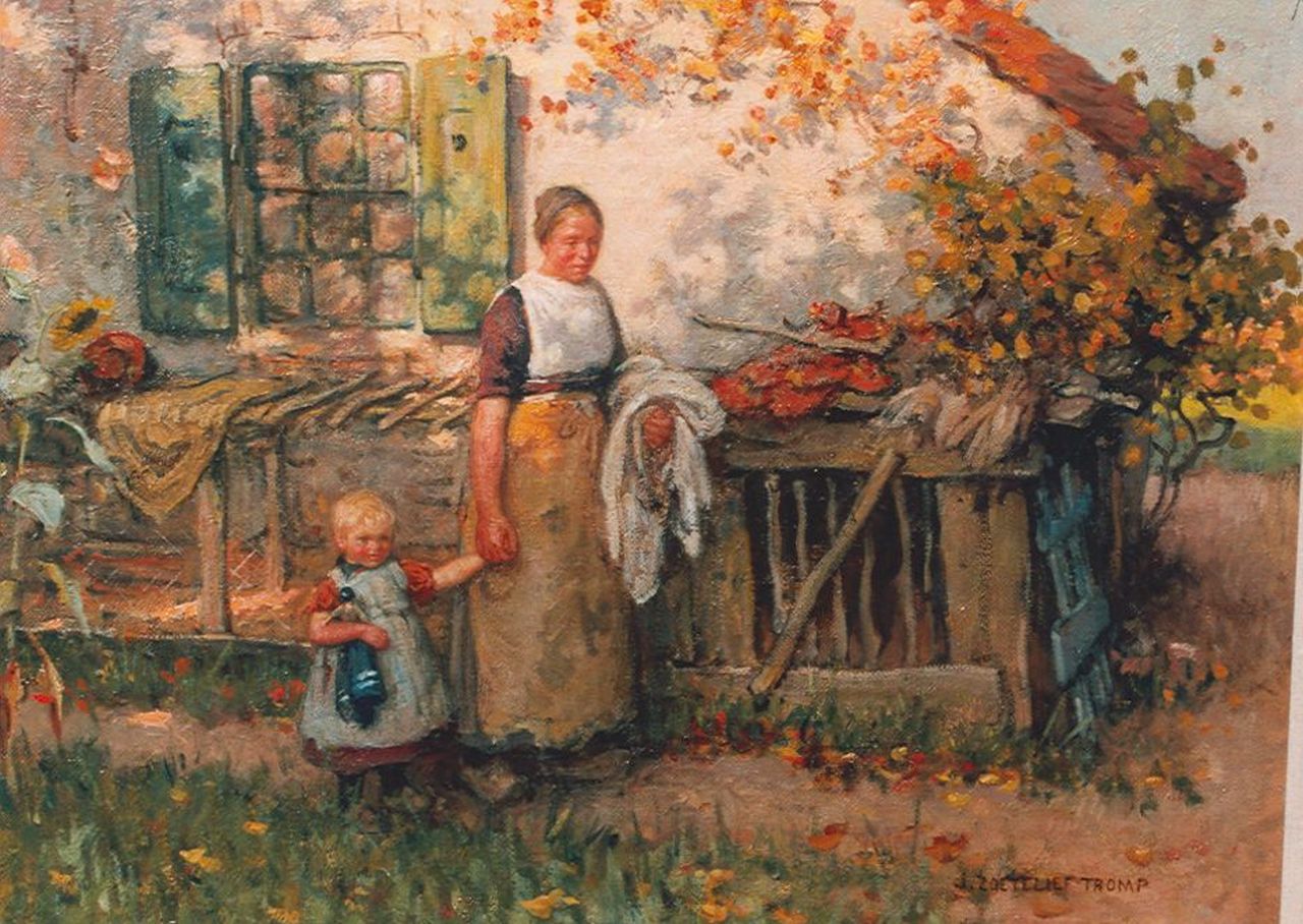 Zoetelief Tromp J.  | Johannes 'Jan' Zoetelief Tromp, Boerin met kind in de tuin, olieverf op doek 41,5 x 55,4 cm, gesigneerd rechtsonder