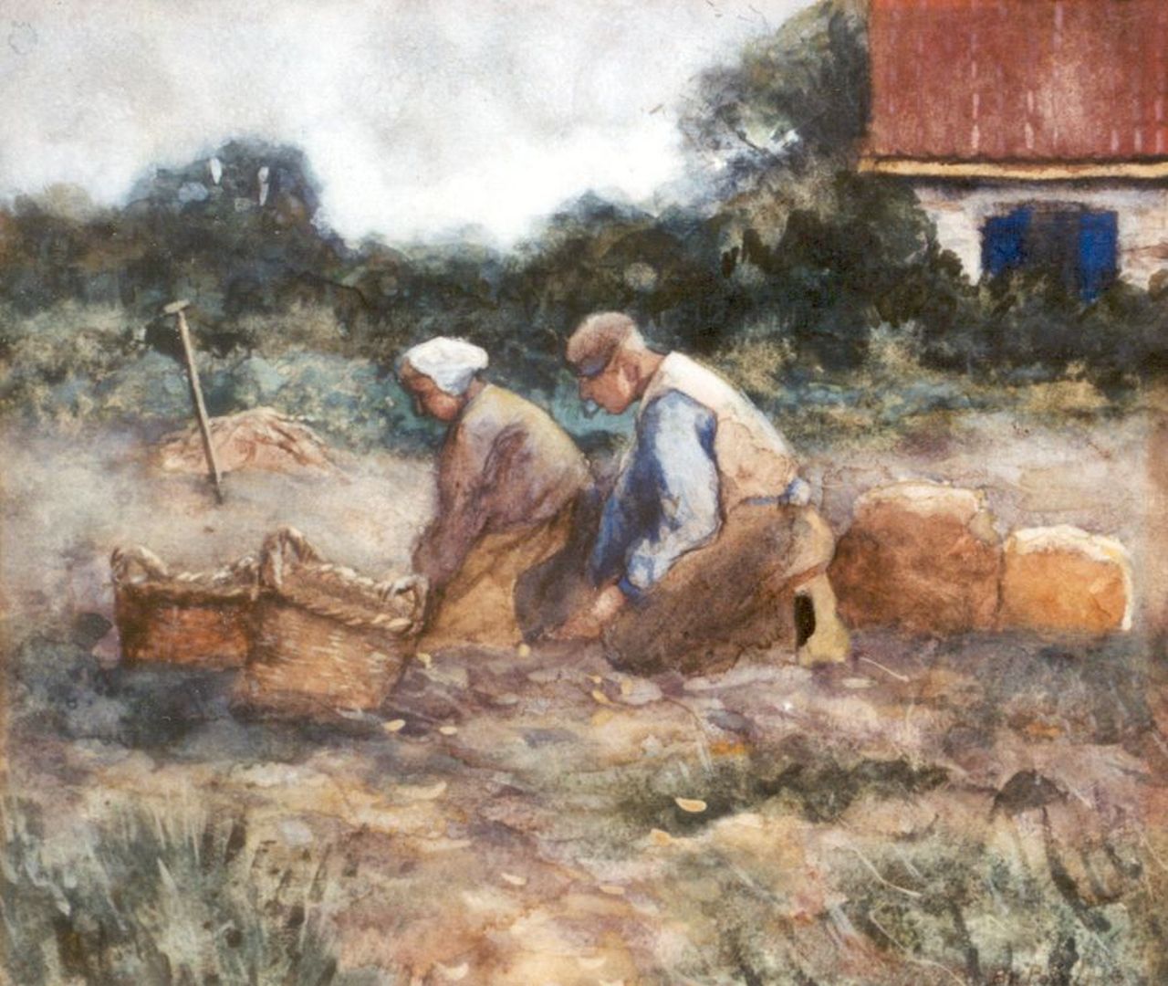 Polvliet B.J.A.  | 'Barend' Jan Abraham Polvliet, Aardappels rooien, aquarel op papier 25,5 x 29,0 cm, gesigneerd rechtsonder