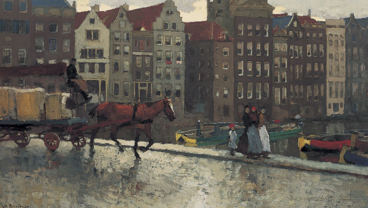 Breitner G.H.  | George Hendrik Breitner, Paard en wagen op de Nieuwe Brug bij het Damrak, olieverf op doek 52,3 x 92,3 cm, gesigneerd linksonder