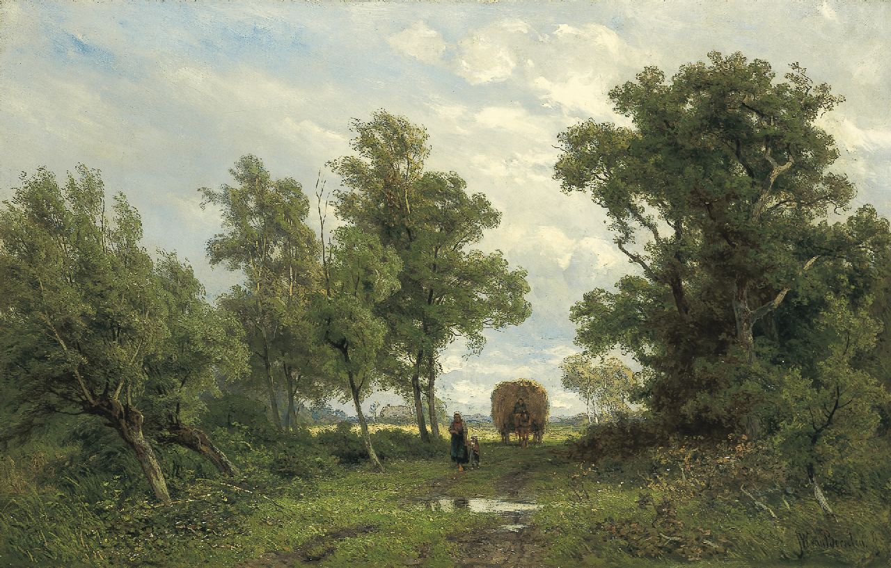 Borselen J.W. van | Jan Willem van Borselen, Huiswaarts na het hooien, olieverf op doek 45,0 x 70,3 cm, gesigneerd rechtsonder