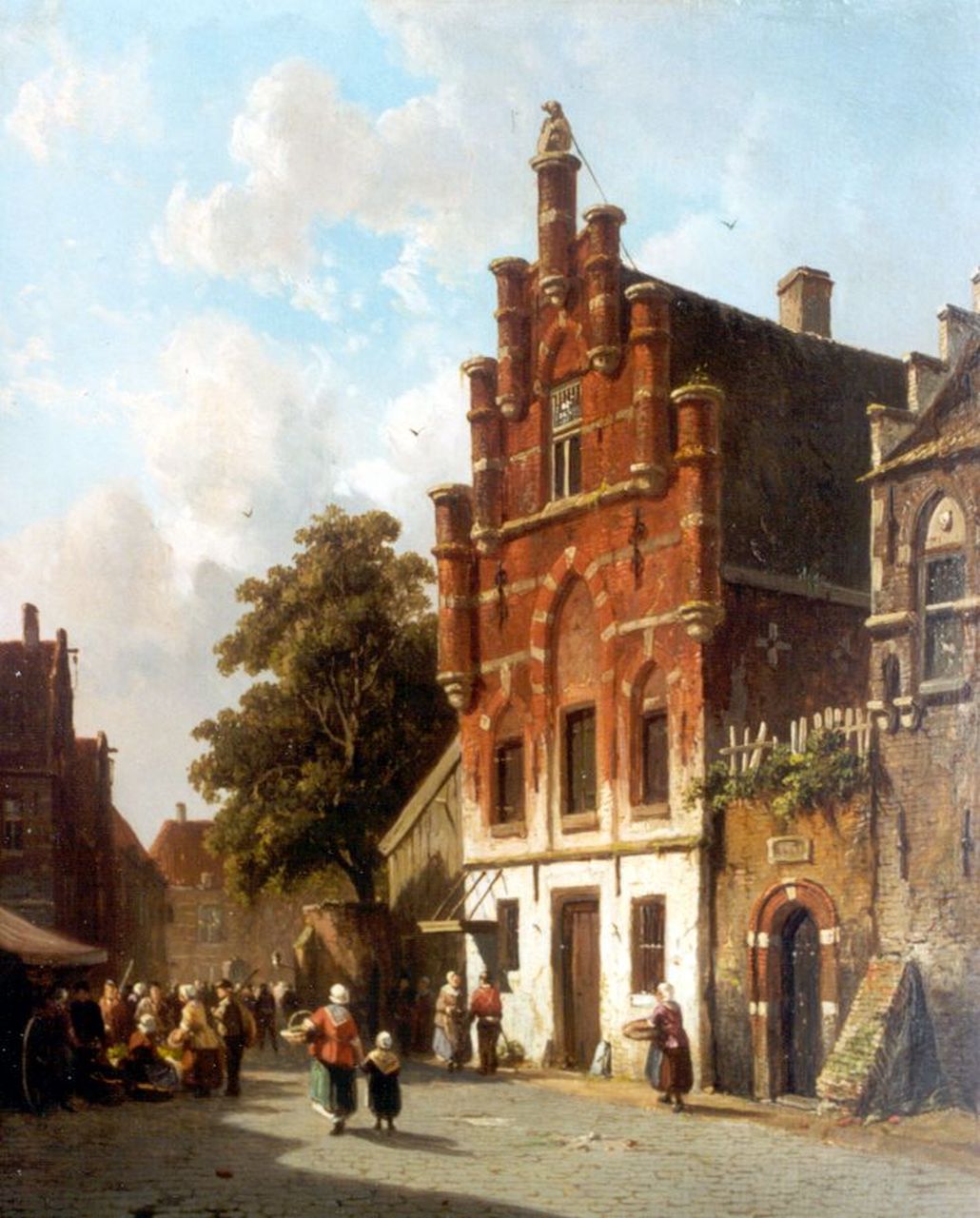 Eversen A.  | Adrianus Eversen, Stadsgezicht met marktkramen, olieverf op paneel 34,0 x 27,0 cm, gesigneerd rechtsonder en gedateerd 1843 (vaag)