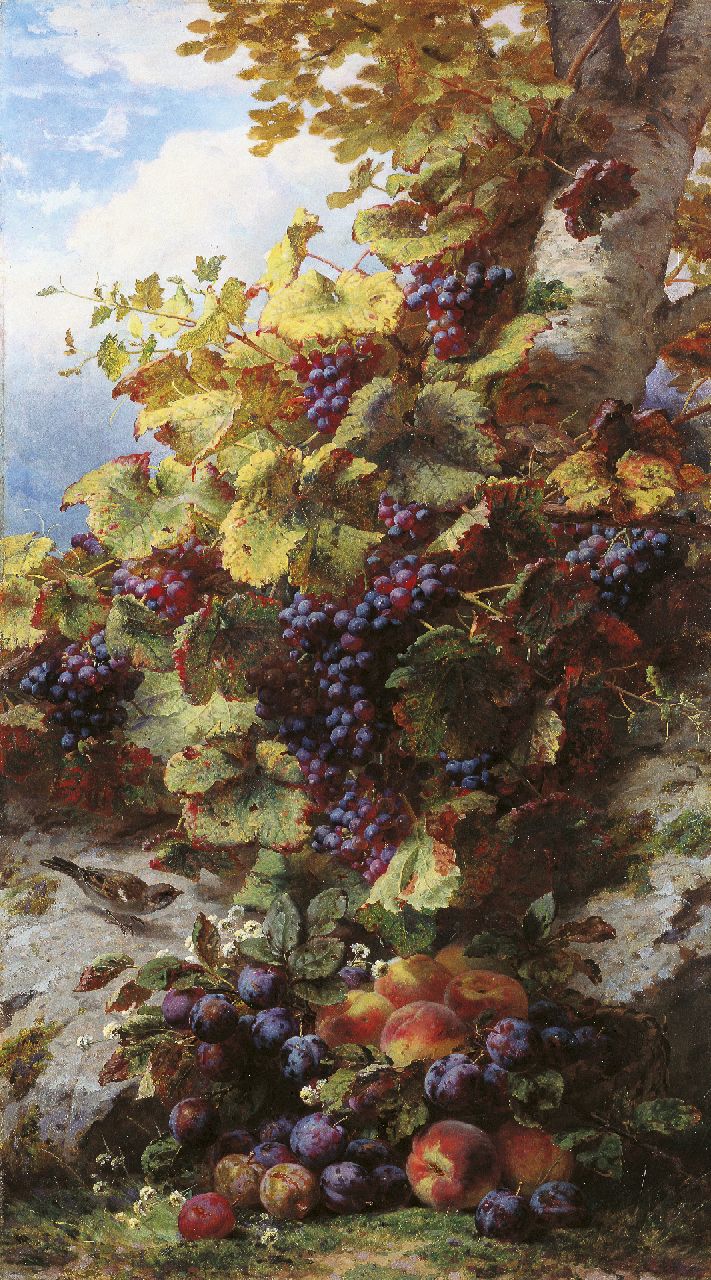 Robie J.B.  | Jean-Baptiste Robie, Stilleven met druiven, perziken, pruimen en musje, olieverf op paneel 135,0 x 75,0 cm, gesigneerd rechtsonder