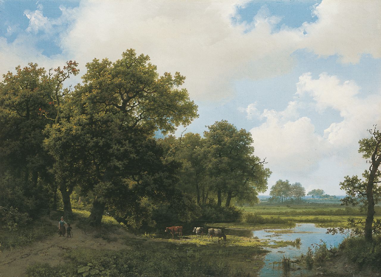 Koekkoek I M.A.  | Marinus Adrianus Koekkoek I, Zomers landschap met figuren en wadend vee, olieverf op doek 46,0 x 62,8 cm, gesigneerd linksonder en gedateerd 1854