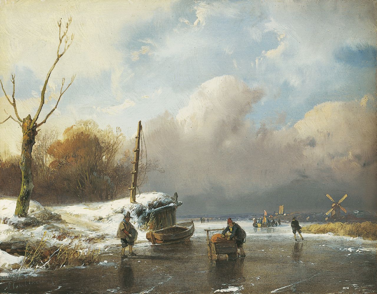 Schelfhout A.  | Andreas Schelfhout, Schaatsers en duwslede op een bevroren vaart, olieverf op paneel 14,6 x 18,8 cm, gesigneerd linksonder