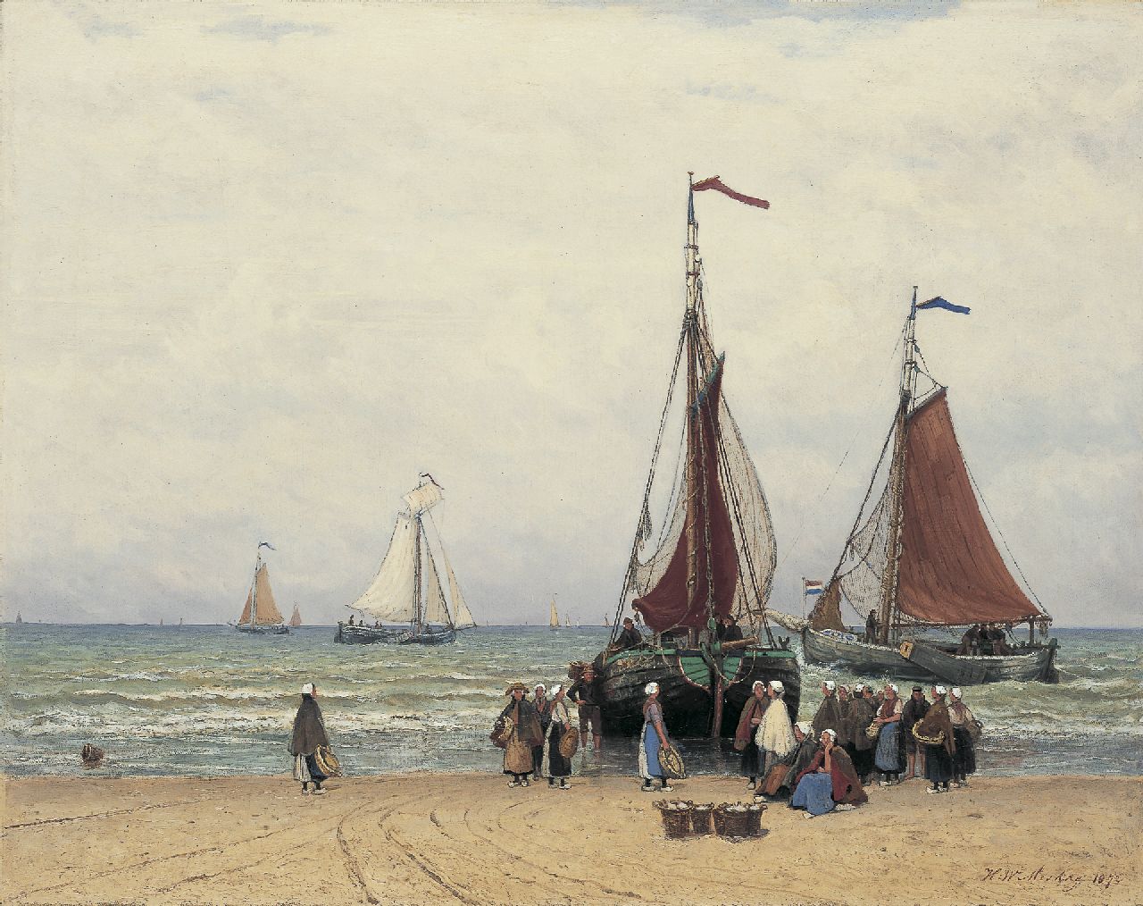 Mesdag H.W.  | Hendrik Willem Mesdag, Bomschuiten en vissersvolk op het Scheveningse strand, olieverf op doek 69,5 x 88,3 cm, gesigneerd rechtsonder en gedateerd 1872